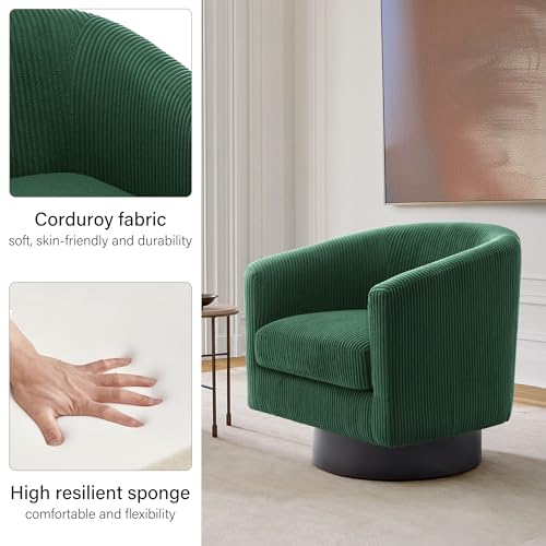 Swivel Barrel Accent Chair, Comfy Reading Armchair, Dark Green, Set of 1 | Club Chairs for Adults, Low-Back Design, Modern Round Style, Solid Wood Frame & Metal Swivel Base, For Living Room & Bedroom - color: Dark Green