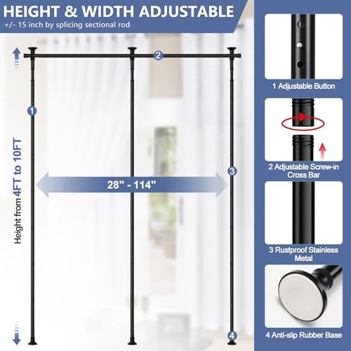 Room Divider, No Drilling Curtain Rod for Room Separation, 4-10ft (H) 28-114inch(W) Adjustable Heavy Duty Floor to Ceiling Tension Rod Wall Dividers Temporary Privacy Separator Window Rods Matte Black - color: Matte Black, size: 28-114 inch