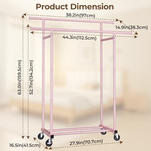HYSEYY Double Rods Clothes Rack, Sturdy Rolling Clothing Rack, Portable Clothing Racks for Hanging Clothes - Metal Garment Rack Wardrobe Coat Rack for Bedroom Laundry Living Room, Pink - color: Pink
