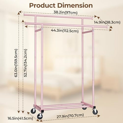 HYSEYY Double Rods Clothes Rack, Sturdy Rolling Clothing Rack, Portable Clothing Racks for Hanging Clothes - Metal Garment Rack Wardrobe Coat Rack for Bedroom Laundry Living Room, Pink - color: Pink