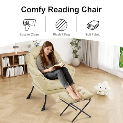 Lazy Chair with Ottoman Comfy Accent Lounge Chair with Side Pocket Cozy Chair Modern Reading Armchair with Footrest Upholstered Sofa Chair for Small Spaces Living Room Dorm Bedroom Khaki - color: Khaki