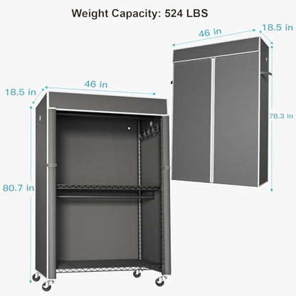 Black Clothing Rack with Dark Gray Cover, P1C Plus Rolling Closet | Metal Garment Rack with Wheels for Hanging Clothes, Portable Clothing Storage Wardrobe - color: Black Rack with Dark Gray Cover