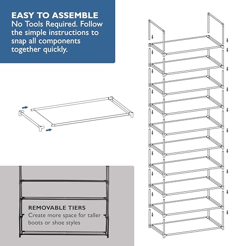 Sundaze Shoe Rack - 10 Tier Shoe Rack for Front Door Entrance, Sturdy Tall Shoe Organizer for Closet, Bedroom, Entryway, Garage, Non Woven Fabric Shelf, Black, Holds Up to 50 Pairs - size: 10 Tier (34.3" W)