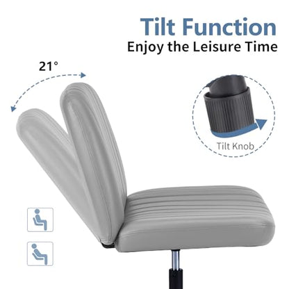 DUMOS Criss Cross Chair No Wheels, Wide Seat Cross Legged Office Desk Vanity Chair, Faux Leather Armless Height Adjustable Swivel Task Computer Chairs for Home, Study, Grey PU - color: Grey Pu