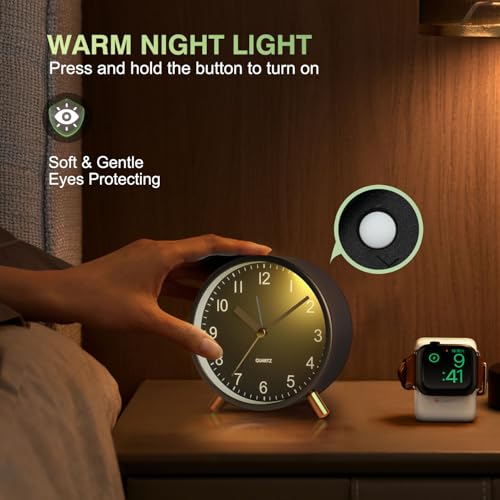 Back to School Silent Analog Quartz Alarm Clock for Kids Bedroom,Night Light, Battery Operated, Fashionable Round Metal - color: Black