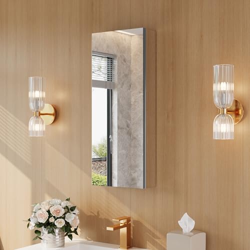 12" x 30" Bathroom Medicine Cabinet with Mirror, Recessed or Wall Mount | Medicine Cabinets with Adjustable Glass Shelves, Soft-Closed Hinge, Chrome Aluminum Frame, Reverse Installation - size: 12" x 30"