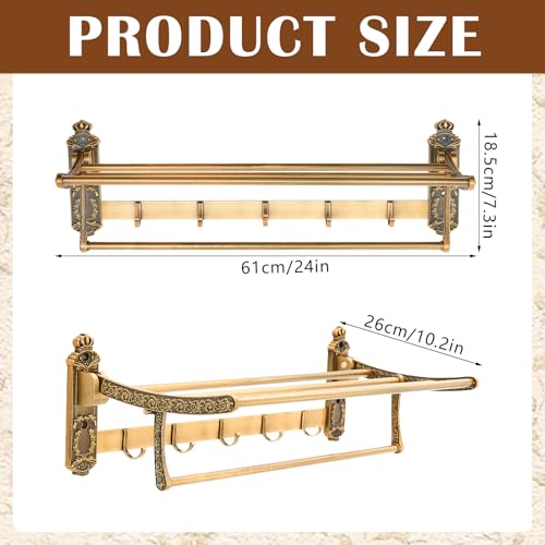 Brass Foldable Towel Rack with Hooks, Foldable Wall Mounted Bathroom Shelf Towel Bars Antique Gold Aluminum Rail Holder for Bathroom, Entryway, and Kitchen(2-Tier European Style,24") - size: 24", style: 2-tier European Style