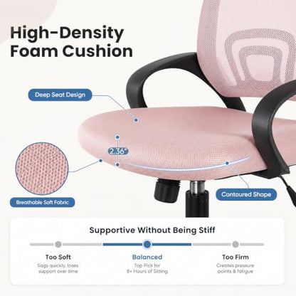 DUMOS Ergonomic Home Office Chair, Executive Mesh Desk Chair | Height Adjustable, Lumbar Support, Breathable Backrest, Fixed Armrest, Rolling Wheels, Computer Gaming, Meeting, New Pink - color: New Pink