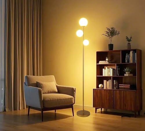 Fiqevs 3 Globe Floor Lamp Mid Century Modern, Gold Standing Lamp with Frosted Glass Shade & LED Bulbs, Tall Pole Light with Foot Switch for Living Room Bedroom Office - Antique Brass - color: 3 Globe- Gold