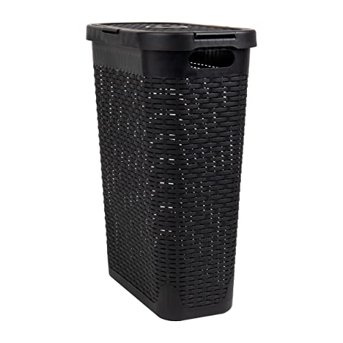 Mind Reader Slim Laundry Hamper with Lid, 40L Clothes Basket, Narrow Tapered Design with Ventilated Cutout Pattern, Plastic, Set of 2, Black - color: Black, size: Set of 2