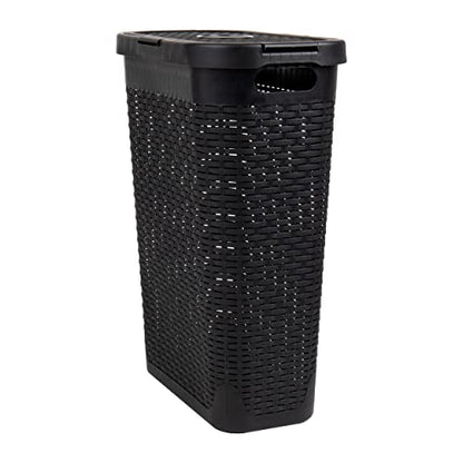 Mind Reader Slim Laundry Hamper with Lid, 40L Clothes Basket, Narrow Tapered Design with Ventilated Cutout Pattern, Plastic, Black - color: Black, size: Single