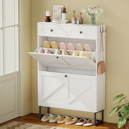 Shoe Cabinet with 2 Flip Drawers Freestanding Shoe Organizer with 2 Fabric Drawers Farmhouse Flip Shoe Storage Cabinet Narrow Shoe Rack Cabinet for Entryway, Hallway, Living Room, White