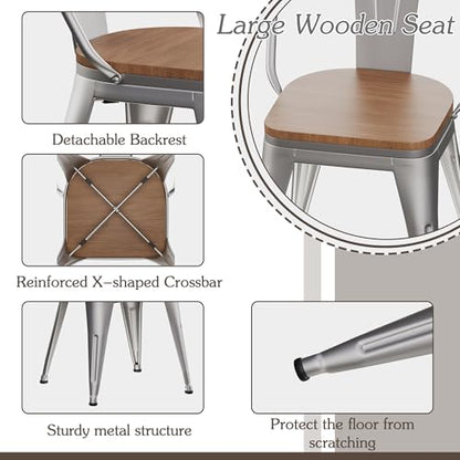 Alunaune 18inch Metal Dining Chair Set of 4 High Back Classic Chic Iron Farmhouse Chairs Industrial Stackable Coffee Stools Bistro Cafe Side Barstools Wood Seat-Silver - color: Silver