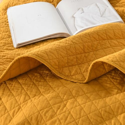 Wistown Cotton Queen Bedspread Quilt Bedding Set, Yellow | 3 Pieces Reversible Lightweight Soft Coverlets Comforters, All Seasons, Diamond Stitching Pattern - color: Yellow Diamond Pattern, size: Queen (90 by 98inch)