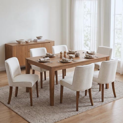 Mid-Century Dining Chairs Set of 6, Linen Fabric Solid White Kitchen Chairs with Walnut Wood Leg Cushioned Back Modern Rustic Side Chairs for Dining Room/Kitchen/Restaurant - color: Linen- White, size: 6 Chairs