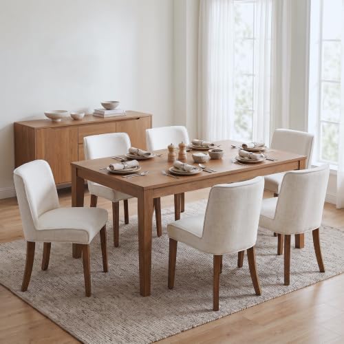 Mid-Century Dining Chairs Set of 6, Linen Fabric Solid White Kitchen Chairs with Walnut Wood Leg Cushioned Back Modern Rustic Side Chairs for Dining Room/Kitchen/Restaurant - color: Linen- White, size: 6 Chairs