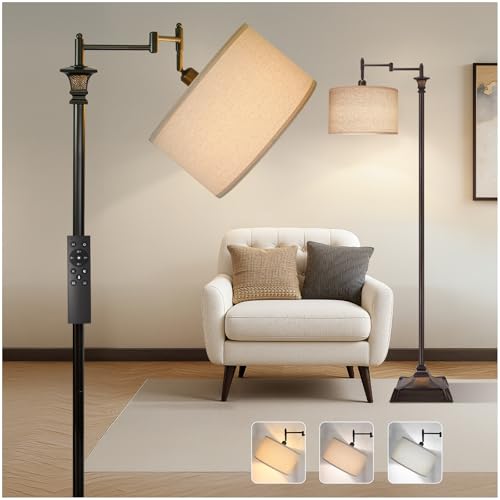 Scenekoy 68” Tall Swing Arm Floor Lamp with Remote for Living Room Bedroom | Vintage Standing Lamp, Traditional 350ºAdjustable Swing Arm, Linen Shade, Decor for Reading House Home Office, bulb included - style: Linen Shade