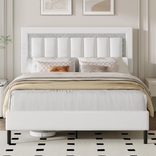 HOMBCK Queen Bed Frame with Headboard, Bed Frame Queen Size with Wooden Slats Support, Diamond Vertical Stripe Design, Mattress Foundation, No Box Spring Needed, White - color: White, size: Queen