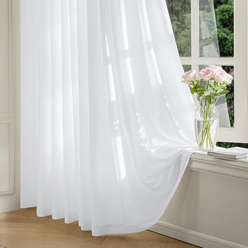 FMFUNCTEX White Sheer Curtains, 102 Inch, Rod Pocket, 2 Panels for Bedroom | Extra Long Semi Sheer Airy Drapes, Faux Silk That Let Light,Non-See-Through Light Filtering Privacy for Bedroom &Living Room - color: White, size: 52"W x 102"L (Pack of 2)