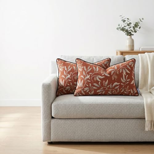 Coffee Floral Pillow Covers 12x20 Inch Set of 2, Cotton Vintage Plant Throw Pillows Decorative Covers Lumbar Farmhouse Accent Neutral Covers for Couch Sofa Bed Living Room - color: Coffee, size: 20" x 12" (Pack of 2)