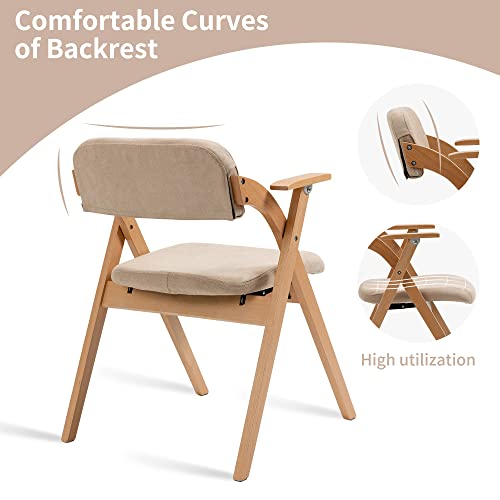 Folding Chairs with Armrest | Wooden Stackable Foldable Dining Chair with Padded Seats Set of 2 Extra for Guests Kitchen Office Wedding Party, Khaki - color: Khaki With Armrest, size: 2PCS
