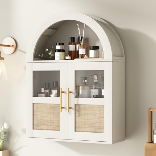 RUSTOWN Arched Bathroom Wall Cabinet with 2 Glass & Rattan Doors | Rattan Medicine Cabinet, Farmhouse Over the Toilet Storage Cabinet, Adjustable Shelves, 3-Tier Wall Mounted Cabinets - color: Rustic White