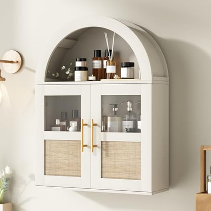 RUSTOWN Arched Bathroom Wall Cabinet with 2 Glass & Rattan Doors | Rattan Medicine Cabinet, Farmhouse Over the Toilet Storage Cabinet, Adjustable Shelves, 3-Tier Wall Mounted Cabinets - color: Rustic White