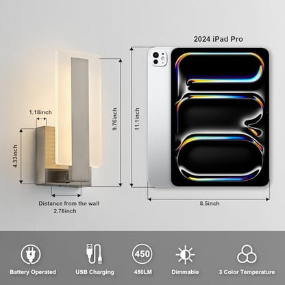 KARTOOSH Battery Operated Modern Wall Sconce Set of Two, Nickel | Rechargeable Wireless Wall Light with Remote Control, Dimmable 3 CCT, Timer, Night Mode, for Hallway, Bedroom, Living Room - color: Nickel