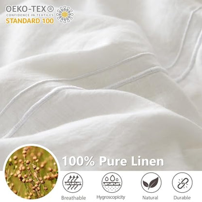 Simple&Opulence 100% Washed Linen Duvet Cover Set 68"x86" - 2 Pieces Soft Farmhouse Comforter Cover Set Double Embroidered with Button Closure - 1 Duvet Cover and 1 Pillowcase (White, Twin) - color: 2 Embroidery White, size: Twin