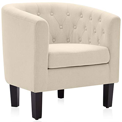 BELLEZE Accent Barrel Arm Chair, Modern Comfy Upholstered Tufted Club Chair with Sturdy Legs and Linen Fabric for Bedroom Living Room - White - color: White, size: 1 x Linen Chair