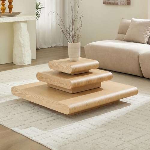 39.37" Modular Stacking Coffee Table for Living Room, Modern 3-Piece Wooden Square Center Table with Natural Wood Look, Tea Table for Apartment, No Need Assembly (Natural) - color: 39.37" Modular Stacking Coffee Table