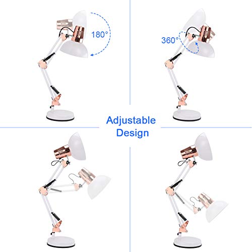 PowerKing Metal Swing Arm Desk Lamps with Base & Clamp, White Rose Gold | Adjustable Architect Lamp, On Off Switch, Fits E26 E27 Bulbs, Eye-Caring Reading Light, for Home Office Work Study - color: White Rose Gold