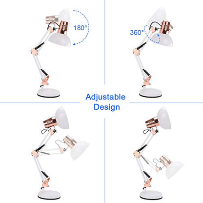 PowerKing Metal Swing Arm Desk Lamps with Base & Clamp, White Rose Gold | Adjustable Architect Lamp, On Off Switch, Fits E26 E27 Bulbs, Eye-Caring Reading Light, for Home Office Work Study - color: White Rose Gold
