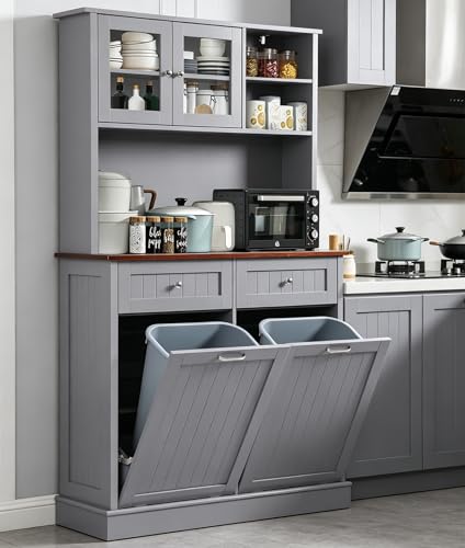 68.4" Kitchen Pantry Storage Cabinet, Freestanding Cupboard with Shelf, 2 Drawers and 2 Tilt Out Trash Cabinet, Tall Cabinets for Kitchen, Dinning Room, Living Room (Elegant Grey, Double Tilt) - color: Elegant Grey