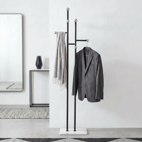 Entryway Coat Rack Freestanding, Black Metal Marble Base | 1.0mm thickened black metal tree with 8 stainless steel hooks. Anti-toppling heavy marble base for modern entryway. - color: black and white