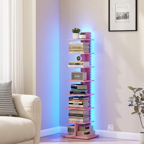 TUTOTAK Book Shelf, Narrow Spine Bookshelf, 8-Tier Bookcase with LED Lights | 10.4 x 13.4 x 47.5 Inches Vertical Freestanding Corner Shelf for Living Room, Office, Small Space, Pink BS06BP008L - color: Pink（led Ligths）