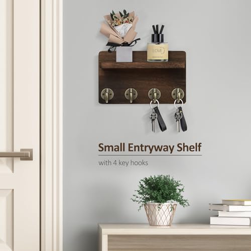 Nekon Key Holder Wall Mount, 8.5 Inch Small Home Decor Wooden Wall Organizer with 4 Hooks and Shelf, Wall Decor for Living Room Entryway Kitchen (Brown) - color: Brown