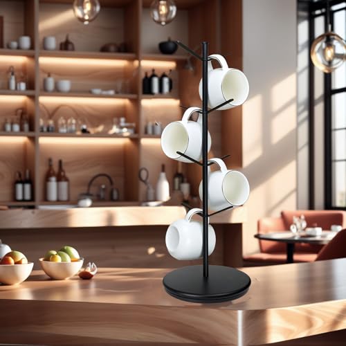 360° Rotating Mug Tree, Large 8 Hooks Upgraded Stable Metal Mug Holder, Bamboo Base Coffee Mug Cup Rack for Counter Top, Mug Display, Home Storage and Cup Organizer, Black - size: 8 hooks 360°