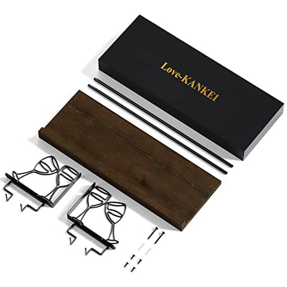Love-KANKEI Wine Rack with Stemware Hanger,Solid Wood,17inch,Dark Brown | Wine Glass Rack,Floating Wall Shelf,Easy to Install,40 Lbs/shelf,For Kitchen,Dinning Room,Home Bar,Living Room,Elegant Design - color: Dark Brown