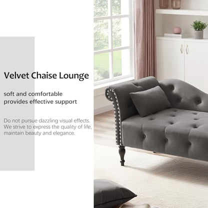 60" Modern Velvet Chaise Lounge Indoor, Upholstered Chair with Left Armrest and Lumbar Pillow, Button Tufted Lounge Sofa for Living Room Bedroom Office, Mini Chaise Longue Sofa (Grey) - color: Grey