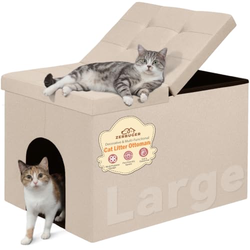 Cat Litter Box Enclosure Furniture for Odor Control, Hidden Cabinet | Cat Litter Box Furniture Ottoman with Flip-Up Lid,Cats Litter Box Bench with Storage Space, Dog Proof (Cream, Large) - color: Cream, size: Large