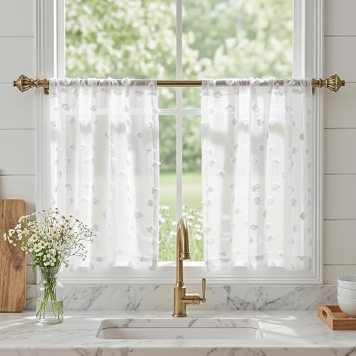 MYSKY HOME White Sheer Kitchen Curtains Over Sink 30 inch Length,2 Panels | Light Filtering Semi Sheer with Pom Pom,Short Tier Half Curtains for Cafe Small Window Decor, Rod Pocket,26Wx30L - color: 1-white, size: 26"W x 30"L (Pack of 2)