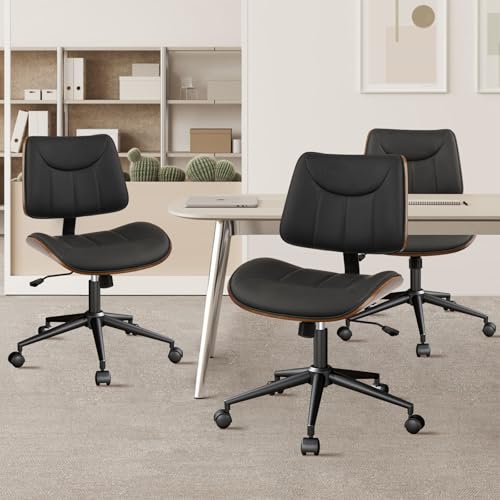 CLATINA Office Chair Armless with Wheels, Mid-Century Modern Walnut Desk Chair, Adjustable Height Reading Chair, PU Leather Mid Back & Swivel Computer Chairs for Home Meeting Room Bedroom, Black(4 PK) - color: Black Linear, size: 4 Pack