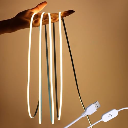 5V USB 3mm Ultra-Thin LED COB Light Strip,400LEDs/M Touch Dimmer COB Strip. | 5V USB Powered COB Lights for TV Under Cabinet Kitchen Living Room Shelving or Displays