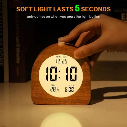 Plumeet Wooden Digital Alarm Clock for Bedrooms, Wood 4'' Battery Powered Alarm Clock with Snooze and Nightlight, Electronic LCD Desk Clock Display Time, Date, Temp, 12/24H, Wood Décor, Round, Sapele - color: Sapele, size: Semicircle 4.2''