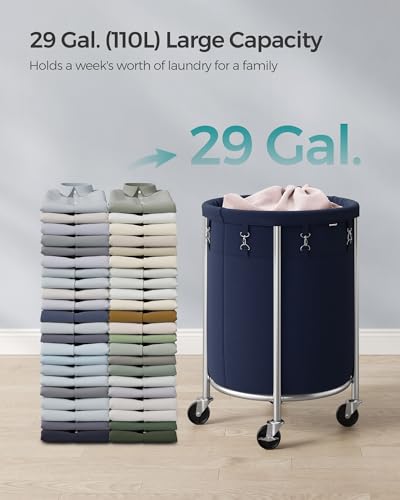 SONGMICS 29-Gallon (110 L) Laundry Basket with Wheels, Rolling Round Heavy-Duty Laundry Hamper Cart with Steel Frame and Removable Bag, 2 Locking Wheels, Charcoal Blue and Metallic Silver URLS002Q01 - color: Charcoal Blue + Metallic Silver, size: 110 L (1