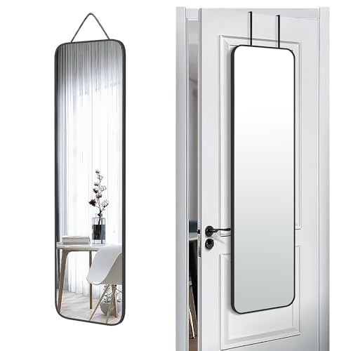 SCWF-GZ 47x14 Full Length Mirror Over the Door,Wall Mounted/Rope Hang Black | HD Crystal Clear Tempered Glass,Aluminum Frame Rect Full Body Dressing Mirrors for Bedroom,Bathroom, Entryway,Living Room - color: Black, size: 47"L x 14"W