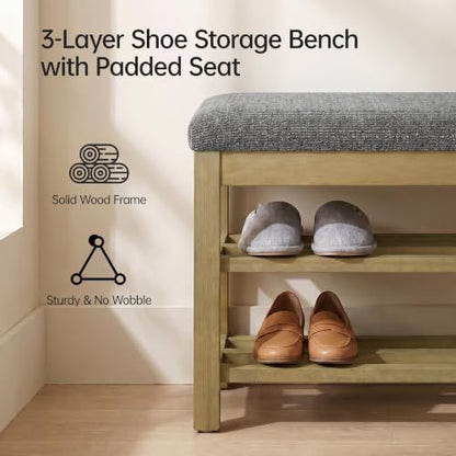 VKNOW 44.3” Entryway Bench, 2-Tier Upholstered Shoe Storage Bench, Black | Shoe Bench with Rubberwood Legs, Shoe Rack for Entryway, Hallway, End of Bed, Living Room - color: Black1