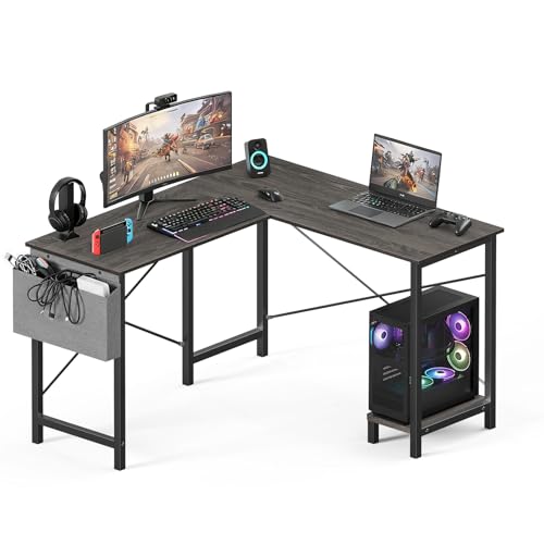 OLIXIS L Shaped Desk, Gaming Desk, Corner Table 50 Inch | Side Bag, Reversible Shelf, Home Work Study Writing, PC Workstation, Easy Assembly, Grey