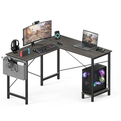 OLIXIS L Shaped Desk, Gaming Desk, Corner Table 50 Inch | Side Bag, Reversible Shelf, Home Work Study Writing, PC Workstation, Easy Assembly, Grey